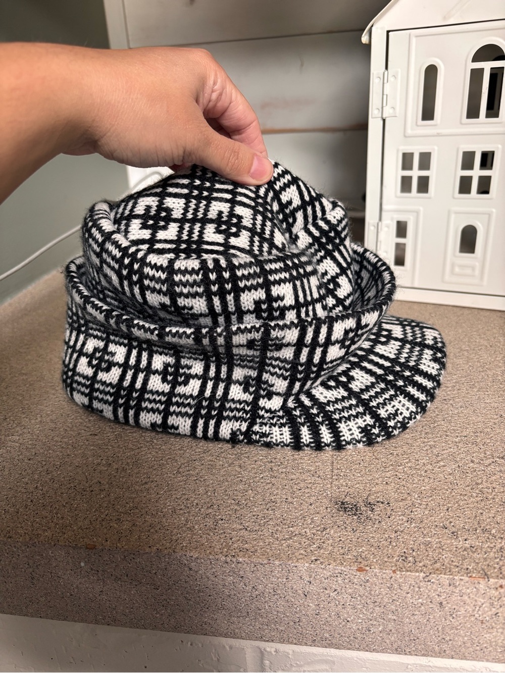 Black & White Plaid Knit Visor Cap - Unbranded